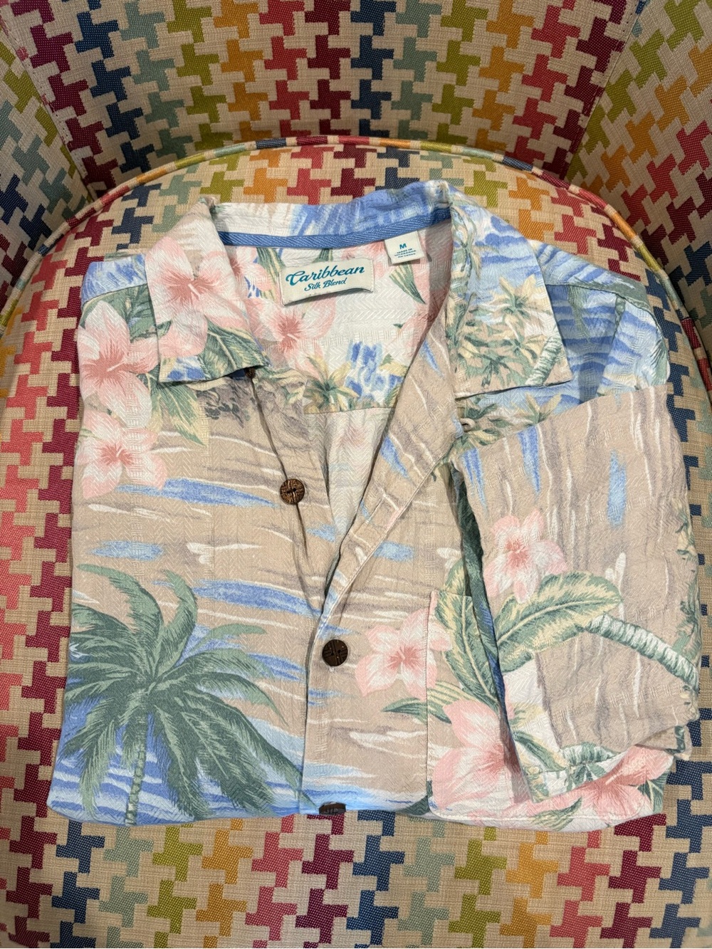 Caribbean Beige Floral Short-Sleeve Camp Shirt with Blue Accents